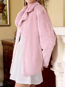 SHEIN Unity Lapel Neck Open Front Fuzzy Coat - Dusty Pink - View 6