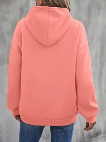 SHEIN LUNE Heart & Letter Graphic Kangaroo Pocket Drop Shoulder Drawstring Hoodie - Coral Pink - View 2