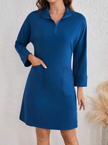 SHEIN LUNE Ziper Do Quarto Ajuste Solto Vestido Com Double Bolsos - Azul - Visão 1
