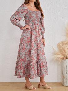 SHEIN VCAY Floral Print Square Neck Ruffle Hem Dress - Grey - View 4