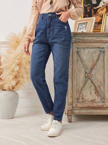 SHEIN LUNE Cao eo Mèo Whisker Denim mùa giặt Quần jean - Rửa trung bình - Xem 6