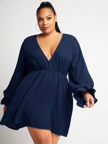 SHEIN SXY Hơn Cổ Lao tay áo lá sen Đầm - Màu xanh hải quân - Xem 3