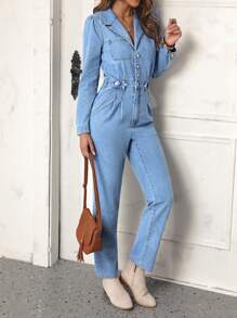 SHEIN LUNE Đã vá Túi Denim Áo liền quần - Màu xanh lam - Xem 3