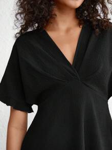 Solid V Neck Flounce Sleeve Top & Pants Lounge Set - Black - View 6