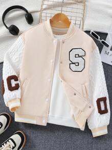 SHEIN Cô gái Tween Thư được vá Sọc trang trí Thả vai Áo khoác Đại học Without Tee - Màu be - Xem 8