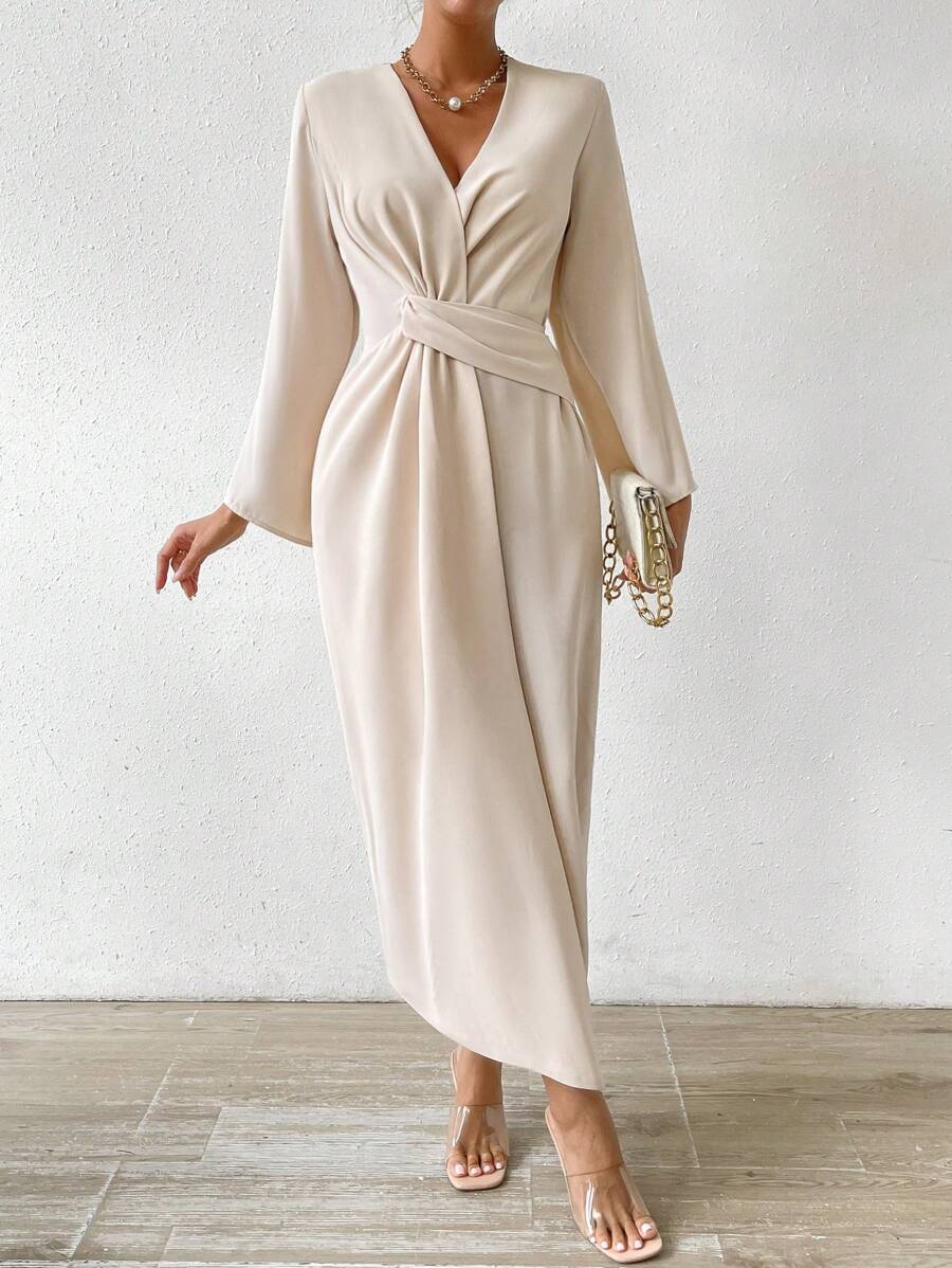 Chiquease Solid Twist Front Wrap Dress - Beige - View 1