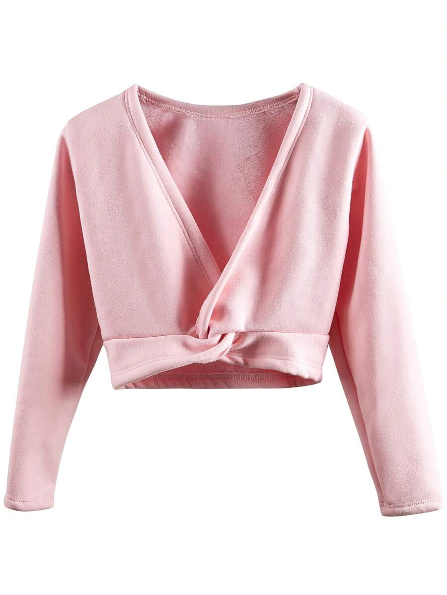 適合冬季跳舞的少女芭蕾舞包身衣,絨內襯長袖舞蹈開衫毛衣 - 粉色 - 查看 1