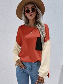 SHEIN LUNE Colorblock Drop Shoulder Knit Pullover Fall Winter Sweater - Red - View 5