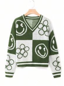 青少年女孩卡通圖案落肩袖條紋飾邊套頭毛衣 - 綠色 - 查看 1