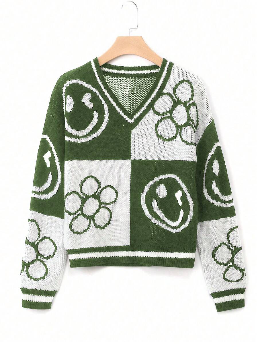 青少年女孩卡通圖案落肩袖條紋飾邊套頭毛衣 - 綠色 - 查看 1