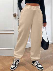 SHEIN EZwear Đen Eo cao Lỏng lẻo Quần thể thao Với Vượt qua Eo Chi tiết - Màu be - Xem 3