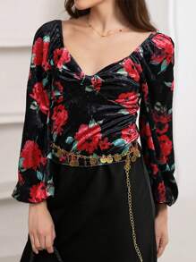 SHEIN Privé Floral Print Sweetheart Neck Lantern Sleeve Blouse - Multicolor - View 4