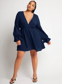 SHEIN SXY Hơn Cổ Lao tay áo lá sen Đầm - Màu xanh hải quân - Xem 5