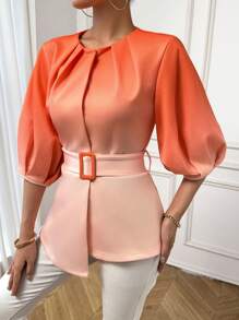 SHEIN Privé 漸層拼接細節燈籠袖不對稱下擺腰帶襯衫 - 彩色 - 查看 3