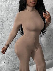 Slaydiva Bộ áo liền quần cổ cao ống loe màu trơn - Màu Khaki - Xem 1