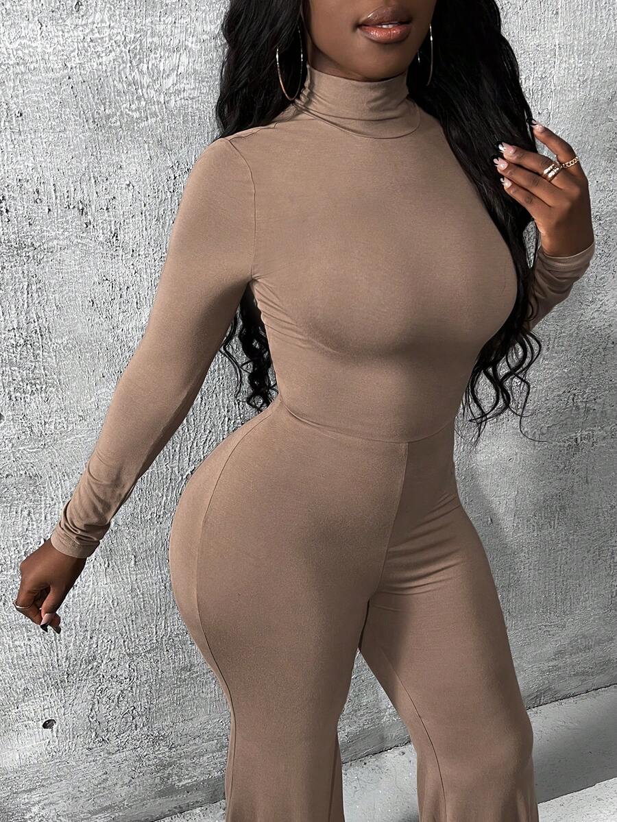 Slaydiva Bộ áo liền quần cổ cao ống loe màu trơn - Màu Khaki - Xem 1