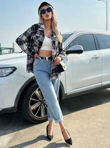 Aveloria Abrigo con estampado de cuadros de hombros caídos - Multicolor - Ver 6