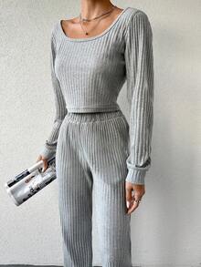 EURMUSE Solid Color Ribbed Pit T-shirt And Straight-leg Pants Two-piece Set - Grey - View 4