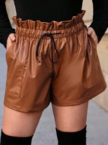 SHEIN Essnce Hơn Túi giấy Eo dây rút chất liệu da PU Quần short - màu nâu - Xem 1