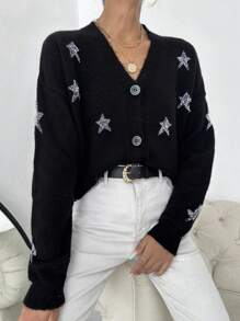 EURMUSE Star Pattern Drop Shoulder Cardigan - Black and White - View 1