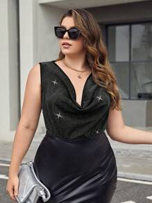 SHEIN Privé Plus Draped Collar Glitter Tank Top - Black - View 1
