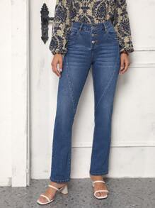 SHEIN LUNE Button Fly Jeans - Blue - View 3
