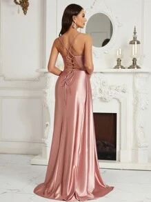 SHEIN Belle Vestido De Fiesta De Noche De Mujer Con Abertura Lateral Alta Y Lentejuelas Brillantes Con Cuello Vuelto (estilo Caro) - Rosa vieja - Ver 4