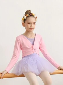 適合冬季跳舞的少女芭蕾舞包身衣,絨內襯長袖舞蹈開衫毛衣 - 粉色 - 查看 2