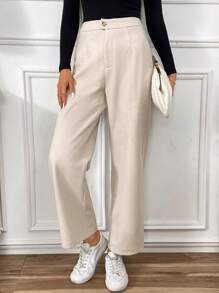 SHEIN Frenchy 女款前拉鍊直筒褲 - 杏色 - 查看 1