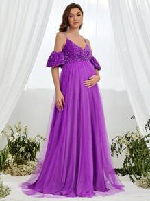 Maternity Cold Shoulder Surplice Neck Formal Party Dress