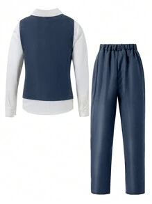 SHEIN 青少年男孩绅士 2 件套：前扣背心 + 裤子，无衬衫无配饰，适合生日派对、典礼、婚礼、周年纪念、毕业典礼的正式服装 - 藏蓝色 - 查看 2