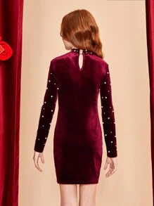 女童针织毛绒立领连衣裙，带珠饰 - 酒紅色 - 查看 2