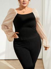 SHEIN Privé Plus Size Women's Color Block Flare Sleeve Top - Black - View 6