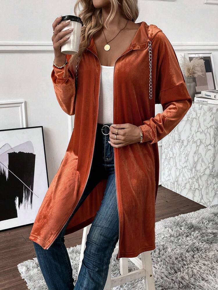 Chain Detail Drop Shoulder Hooded Velvet Coat Fall Cloth For Women