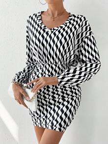 SHEIN Privé In Toàn bộ Thả vai Xù Váy bodycon - Đen và trắng - Xem 5