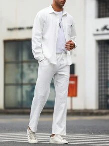 Manfinity Homme Conjunto De Camisa De Manga Larga Y Pantalón De Color Sólido Para Hombre Y Cómodo - Blanco - Ver 1