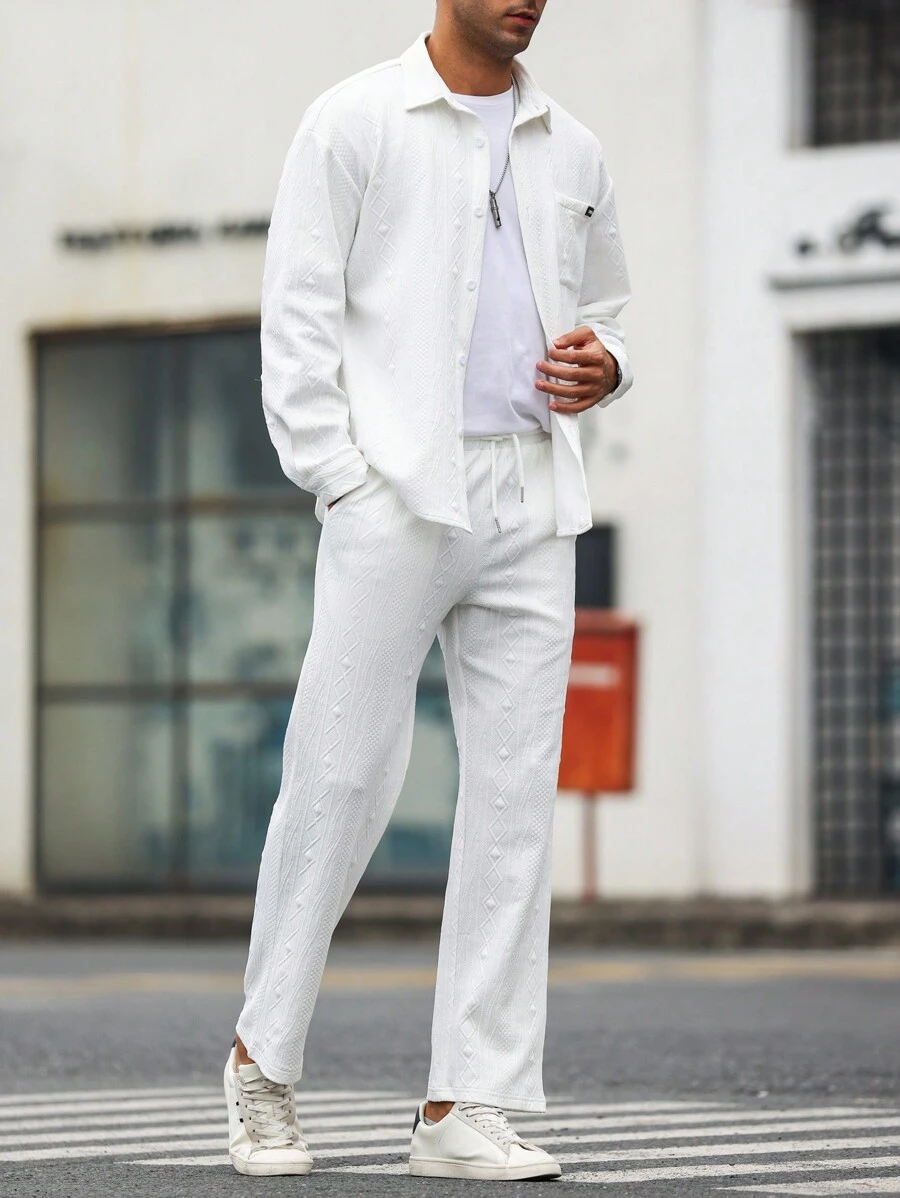 Manfinity Homme Conjunto De Camisa De Manga Larga Y Pantalón De Color Sólido Para Hombre Y Cómodo - Blanco - Ver 1