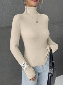 SHEIN EZwear 女士高領拼接毛衣 - 杏色 - 查看 1