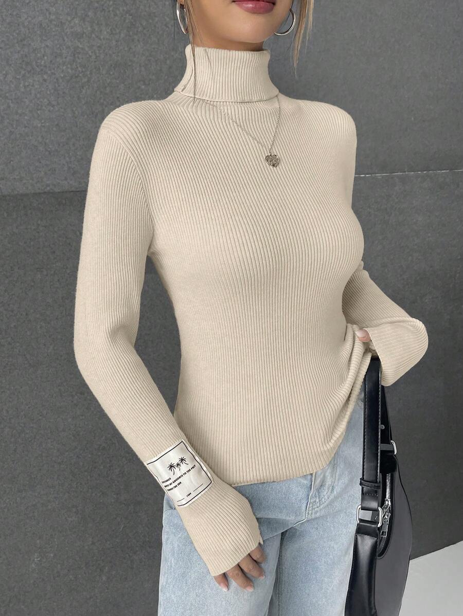SHEIN EZwear 女士高領拼接毛衣 - 杏色 - 查看 1