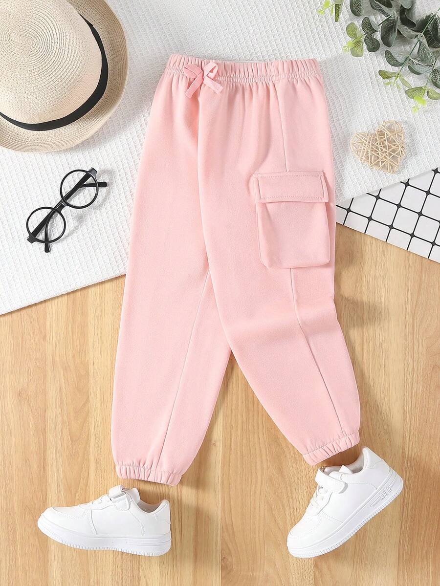 SHEIN Cô Gái Trẻ Túi nắp bên cạnh Nút phía trước Nhiệt Quần thể thao - Hồng - Xem 1