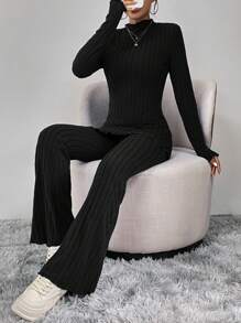 SHEIN Essnce de cuello alto Camiseta & Pantalones acampanados - Negro - Ver 5