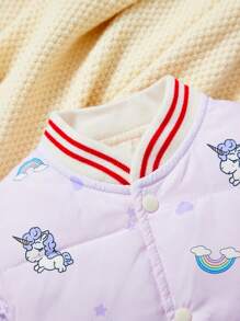 Baby Girls' Unicorn Printed Striped Trim Puffer Jacket - Mauve Purple - View 3
