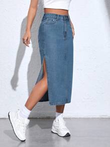 SHEIN PETITE 女士牛仔裙 - 中等水洗藍 - 查看 4