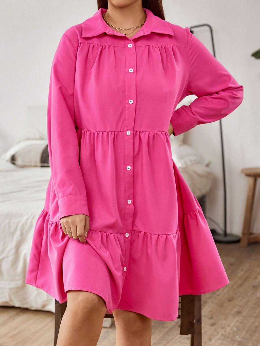 Flirla Plus Ruffle Hem Smock Dress - Hot Pink - View 1