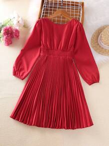 Cô gái Tween Surplice cổ Tay áo lồng đèn Viền xếp Đầm - Đỏ - Xem 2