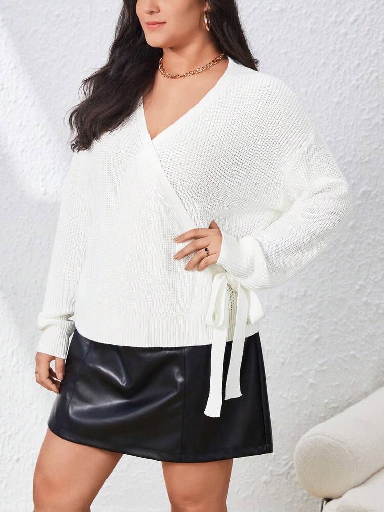 Plus Drop Shoulder Knot Side Wrap Cardigan