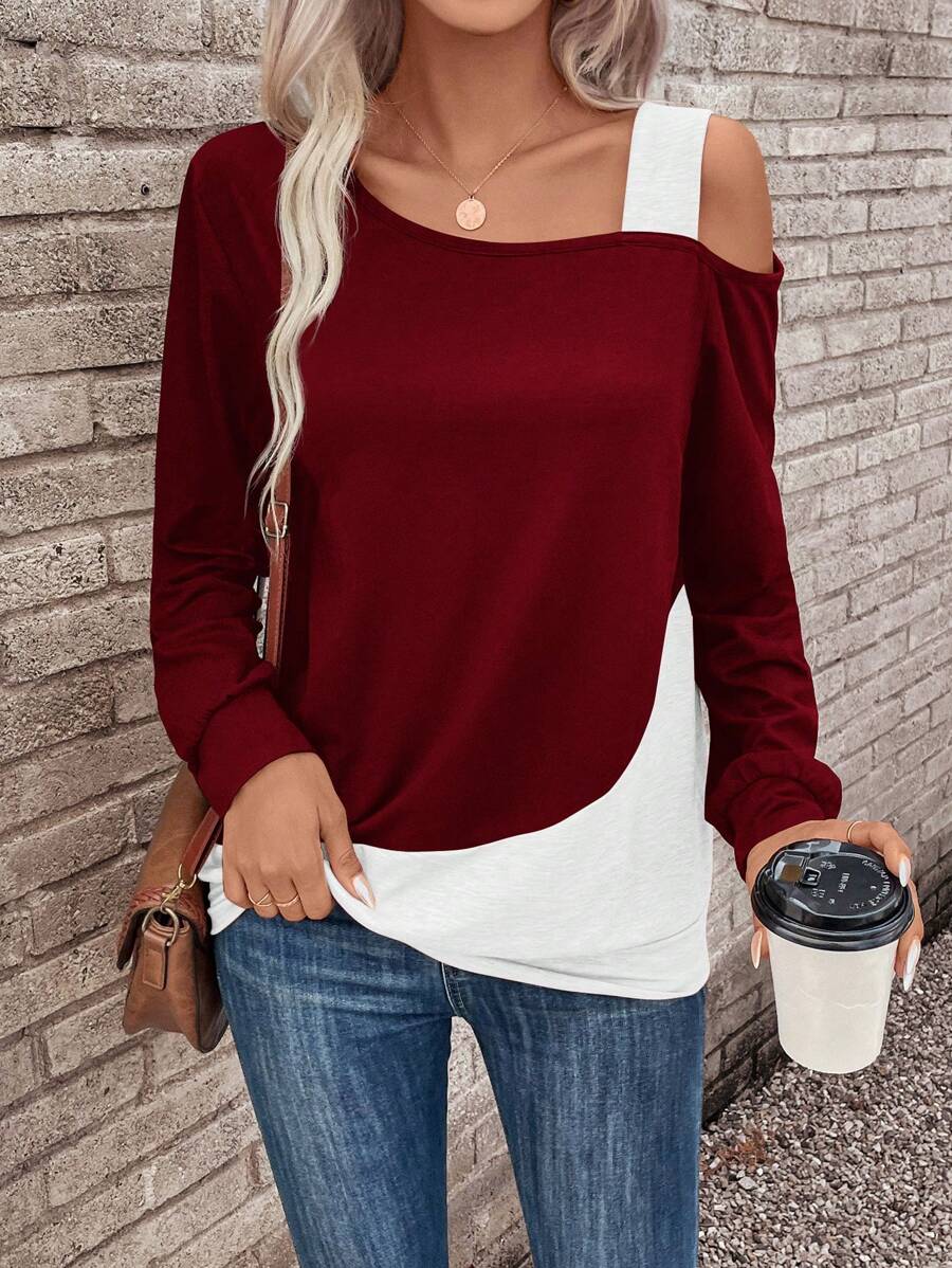 EMERY ROSE Colorblock Asymmetrical Neck Sweatshirt - Burgundy - View 1