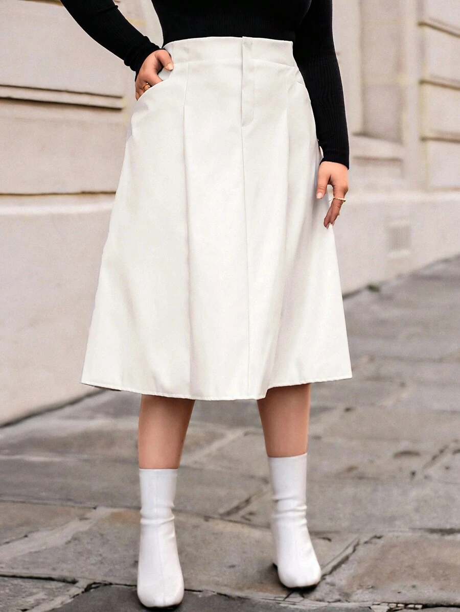 SHEIN Privé Plus High Waist PU Leather Skirt - Beige - View 1