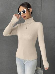 SHEIN EZwear 女士高領拼接毛衣 - 杏色 - 查看 6