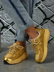 女士個性化和創意金色休閒鞋，獨特的設計和舒適的行走體驗，厚底平台厚底運動鞋 - 金色 - 查看 2